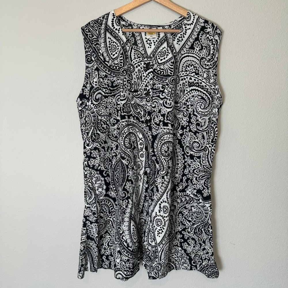 Rima Womens XXL Sleeveless Paisley Mini Dress Cover‎ Up Black White Boho Beachy